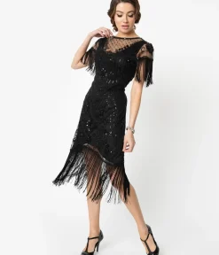 Unique Vintage Everyday Dresses|Special Occasion>1920s Black Beaded Fringe Sleeve Nadine Flapper Dress