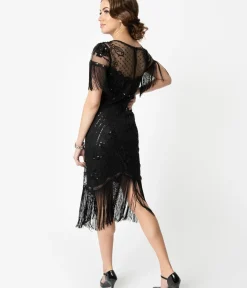Unique Vintage Everyday Dresses|Special Occasion>1920s Black Beaded Fringe Sleeve Nadine Flapper Dress