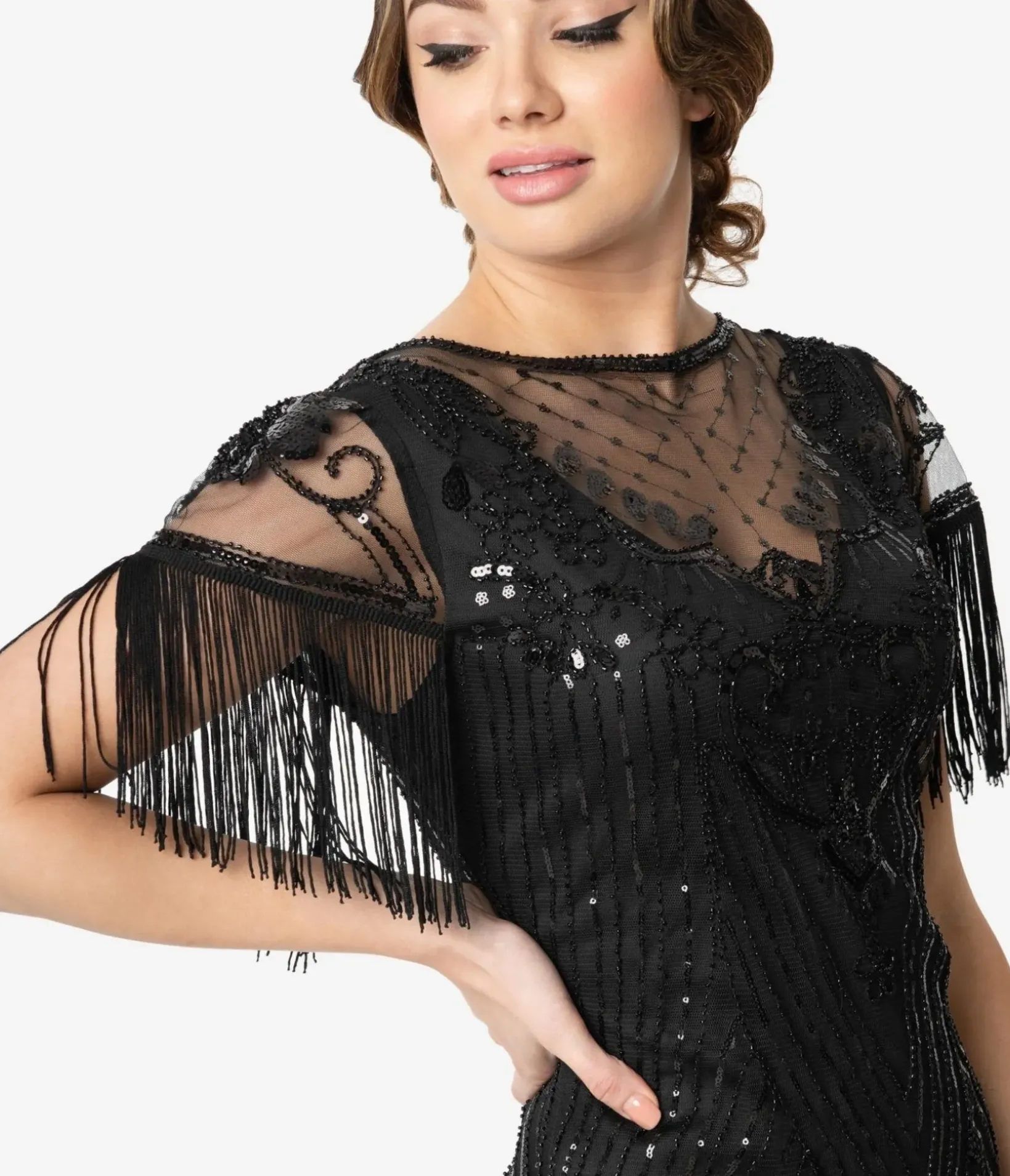 Unique Vintage Everyday Dresses|Special Occasion>1920s Black Beaded Fringe Sleeve Nadine Flapper Dress