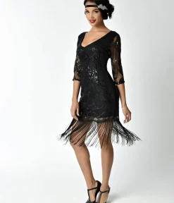 Unique Vintage Everyday Dresses|Special Occasion>1920s Black Beaded & Sequin Margaux Sleeved Fringe Cocktail Dress
