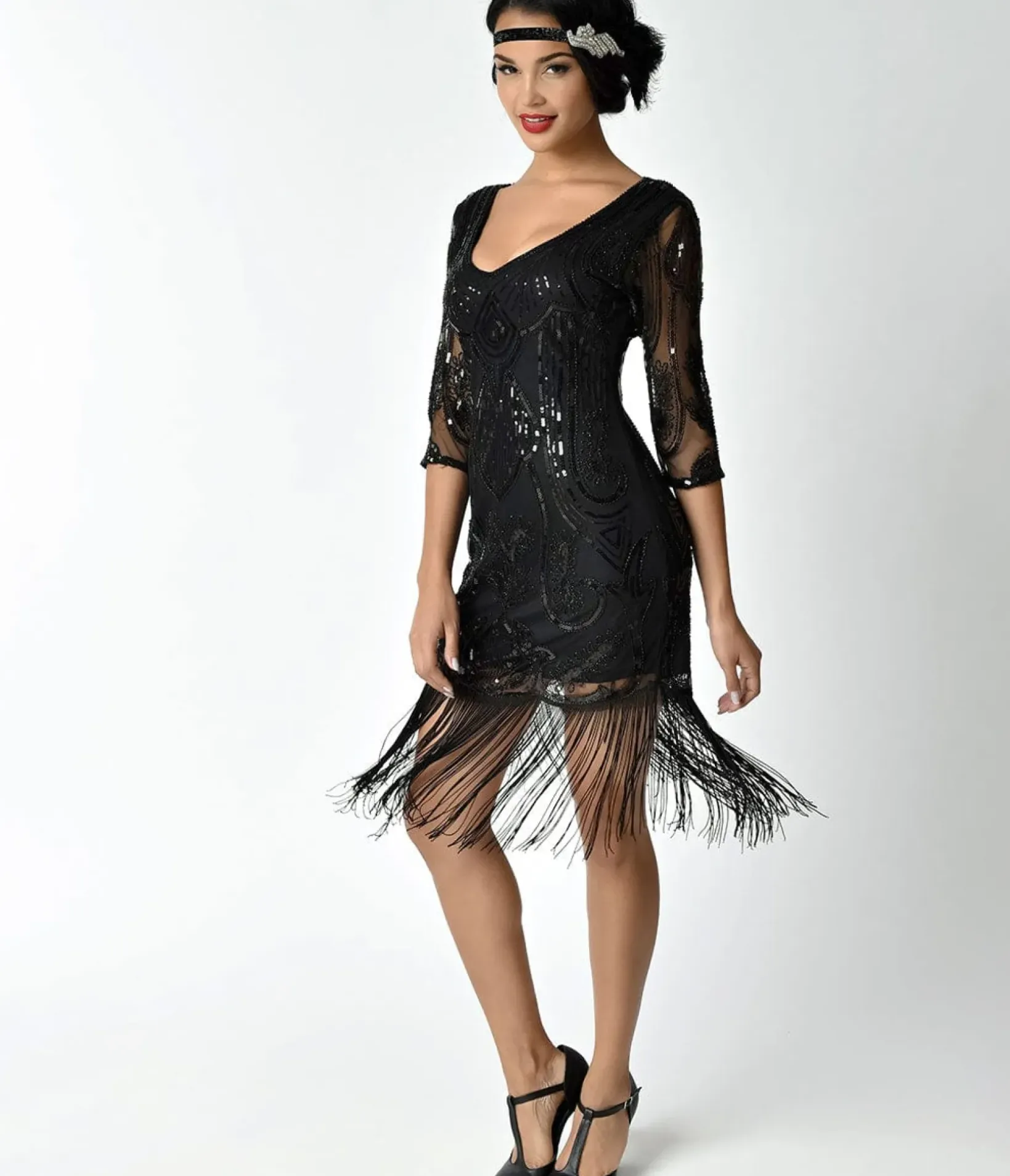 Unique Vintage Everyday Dresses|Special Occasion>1920s Black Beaded & Sequin Margaux Sleeved Fringe Cocktail Dress
