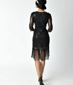 Unique Vintage Everyday Dresses|Special Occasion>1920s Black Beaded & Sequin Margaux Sleeved Fringe Cocktail Dress