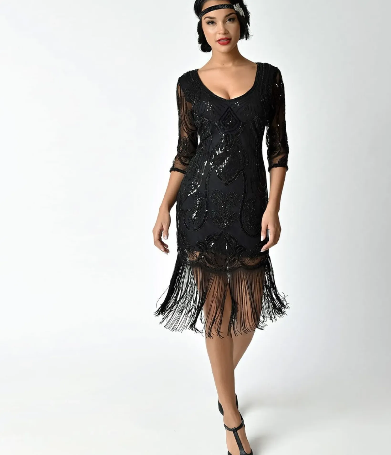 Unique Vintage Everyday Dresses|Special Occasion>1920s Black Beaded & Sequin Margaux Sleeved Fringe Cocktail Dress