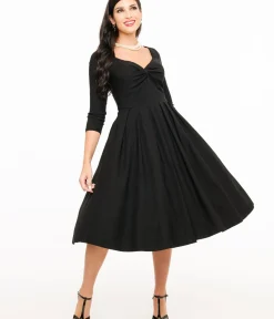 Unique Vintage Swing|Pocket Dresses>1950s Black Bengaline Front Twist Swing Dress