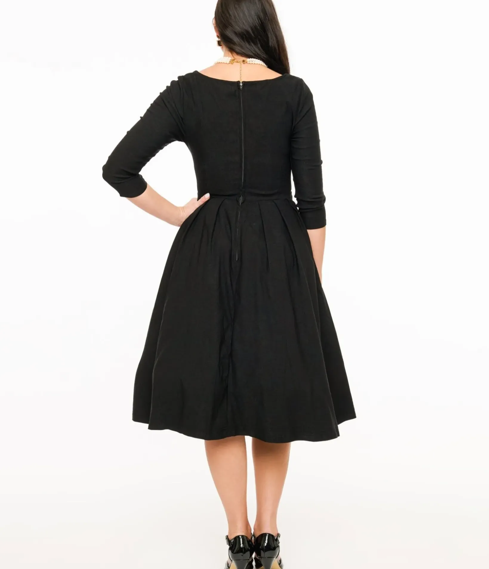 Unique Vintage Swing|Pocket Dresses>1950s Black Bengaline Front Twist Swing Dress