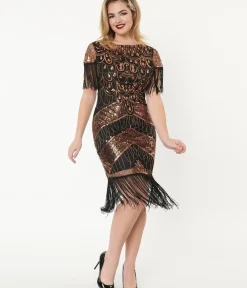 Unique Vintage Everyday Dresses|Special Occasion>1920s Black & Bronze Sequin Sleeved Laure Flapper Dress