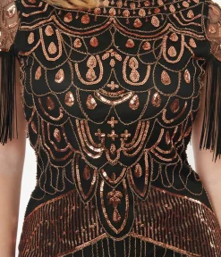Unique Vintage Everyday Dresses|Special Occasion>1920s Black & Bronze Sequin Sleeved Laure Flapper Dress