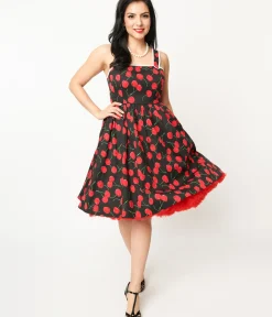 Unique Vintage Swing|Pocket Dresses>1950s Black & Cherry Print Cotton Pinafore Swing Dress