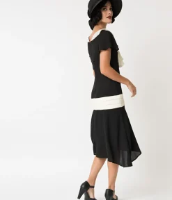 Unique Vintage Everyday Dresses|Special Occasion>1920s Black & Cream Wilshire Flapper Day Dress
