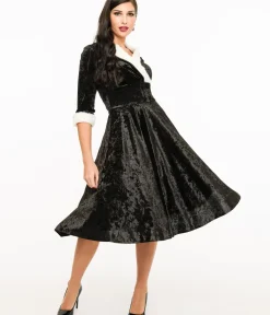 Unique Vintage Swing|Everyday Dresses>1950s Black Crushed Velvet & White Fur Delores Swing Dress