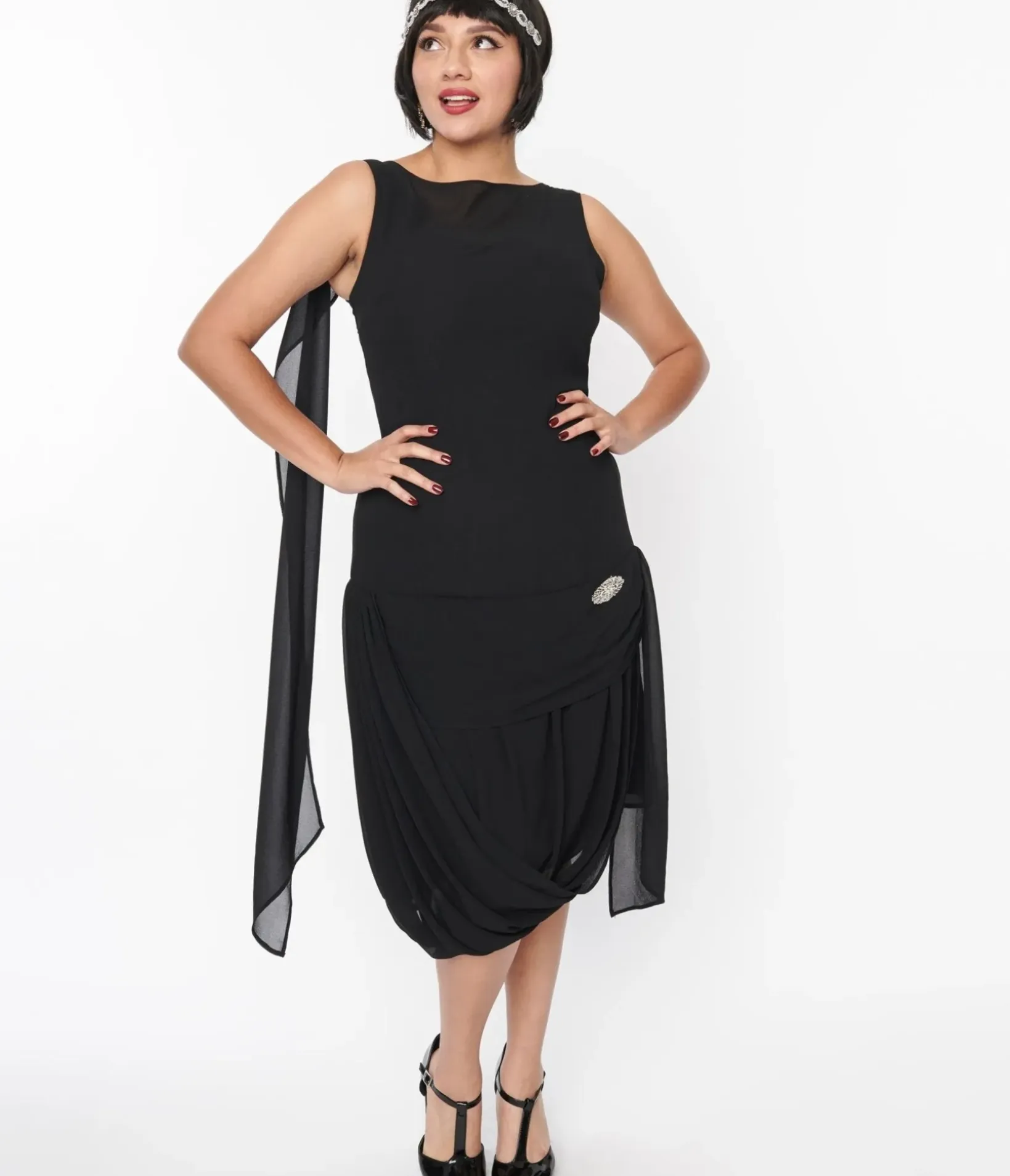 Unique Vintage Everyday Dresses|Special Occasion>1920s Black Draped Flapper Dress