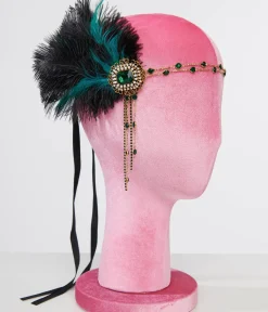 Unique Vintage Special Occasion|All Things Black>1920s Black Feather & Emerald Rhinestone Headband