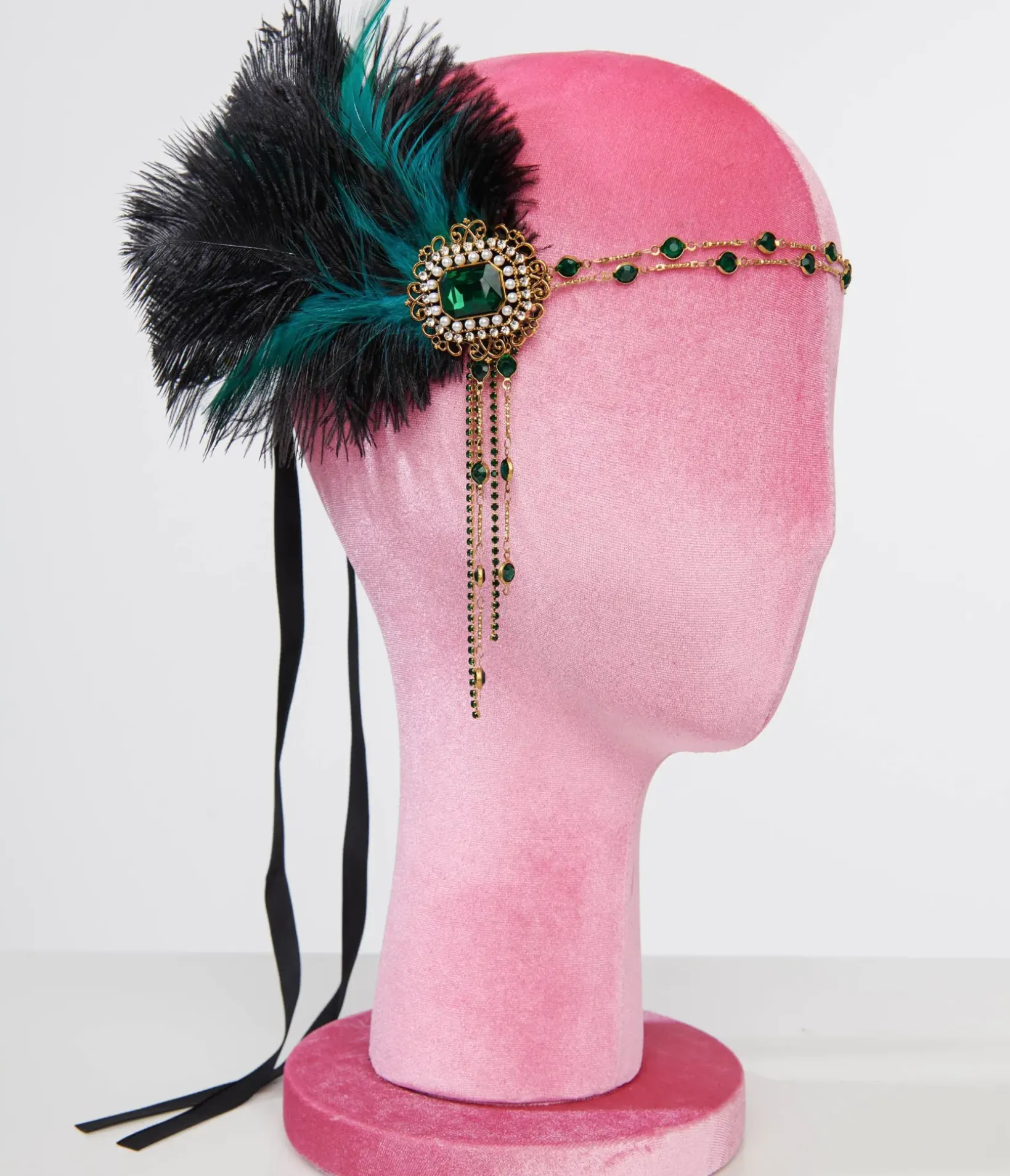Unique Vintage Special Occasion|All Things Black>1920s Black Feather & Emerald Rhinestone Headband