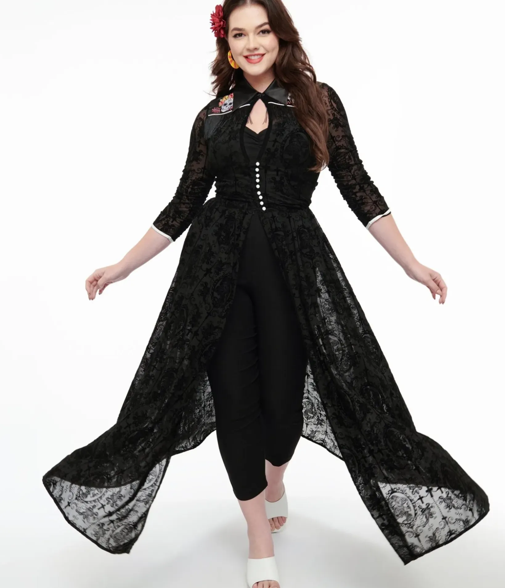 Unique Vintage Halloween>1950s Black Flocked La Caterina Dia De Los Muertos Western Duster