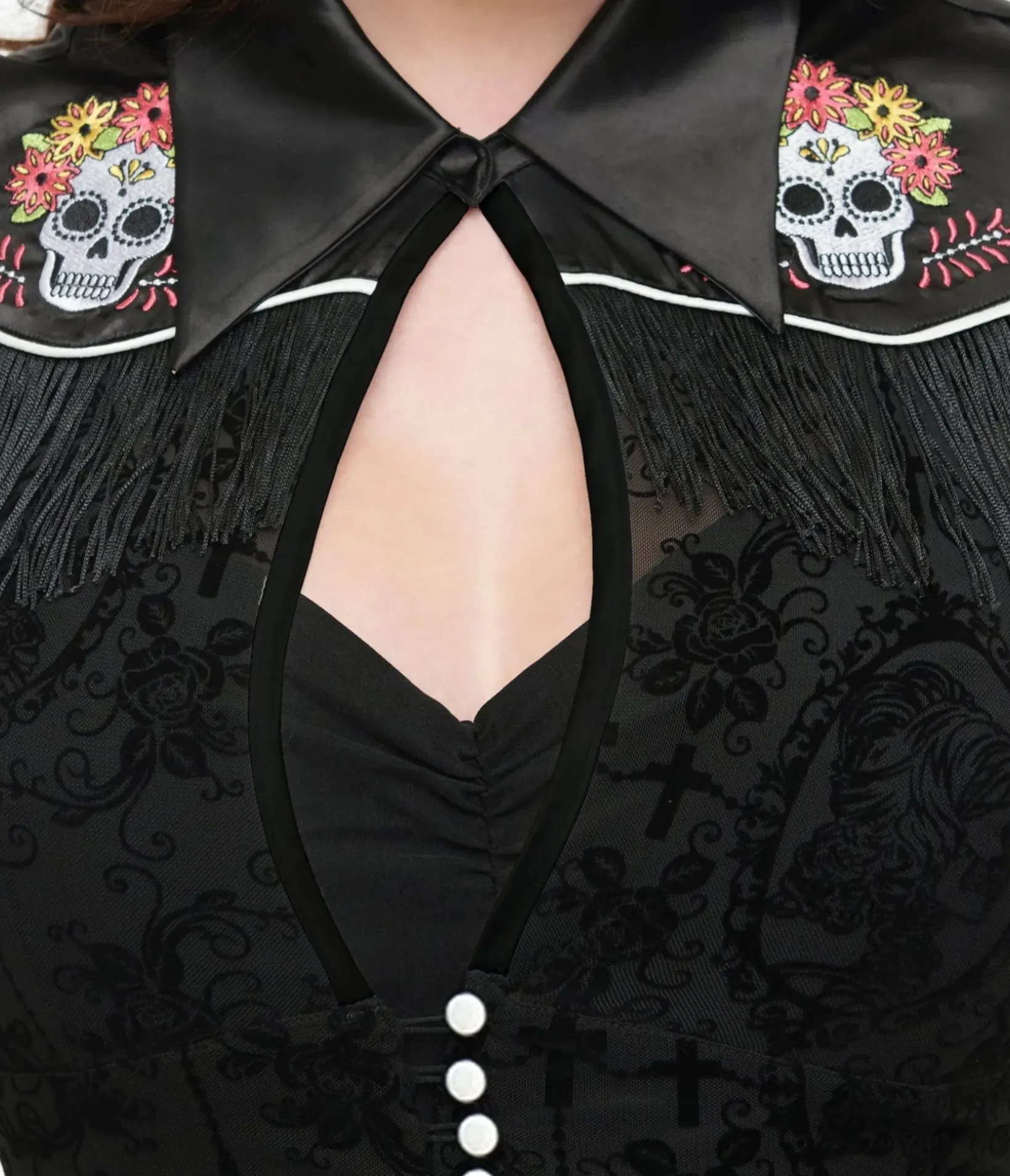 Unique Vintage Halloween>1950s Black Flocked La Caterina Dia De Los Muertos Western Duster