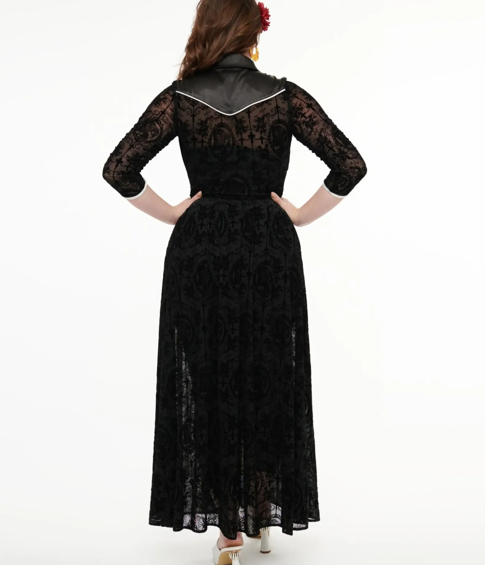 Unique Vintage Halloween>1950s Black Flocked La Caterina Dia De Los Muertos Western Duster