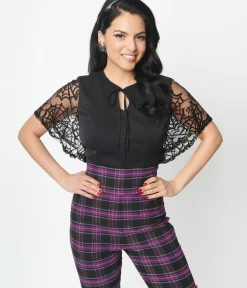 Unique Vintage All Things Black|Halloween>1940s Black Flocked Spiderweb Mesh Cecilia Blouse
