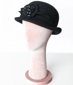 Unique Vintage Special Occasion|Flapper Accessories>1920s Black Floral Cloche Hat