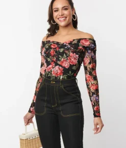 Unique Vintage All Things Black>1940s Black Floral Lace Saturday Night Bodysuit