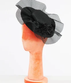 Unique Vintage Special Occasion|All Things Black>1930s Black Floral & Mesh Fascinator