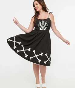 Unique Vintage Swing|Pocket Dresses>1950s Black & Glow in the Dark Skeleton Bobbie Swing Dress