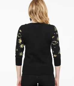 Unique Vintage Sweaters & Cardigans>1950s Black & Gold Celestial Minou Sweater