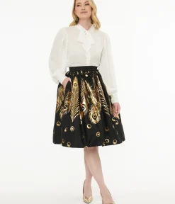 Unique Vintage Skirts>1950s Black & Gold Foil Feather Gellar Swing Skirt
