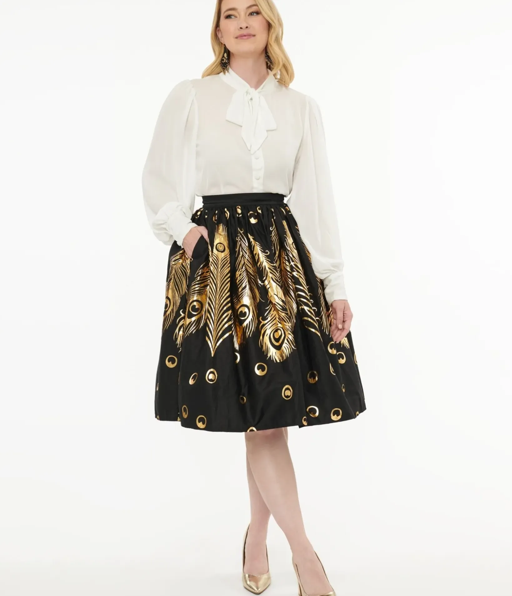 Unique Vintage Skirts>1950s Black & Gold Foil Feather Gellar Swing Skirt