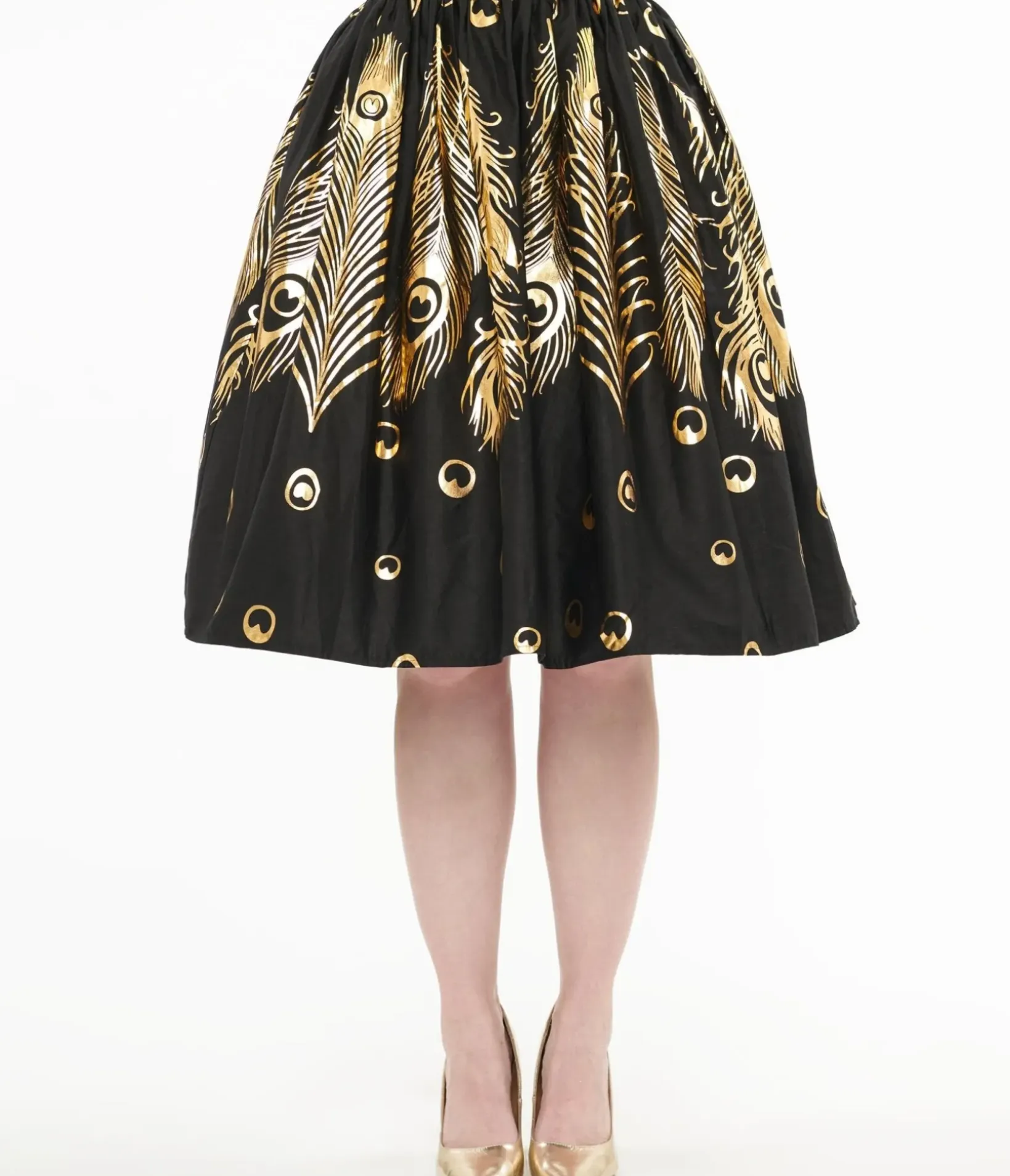 Unique Vintage Skirts>1950s Black & Gold Foil Feather Gellar Swing Skirt