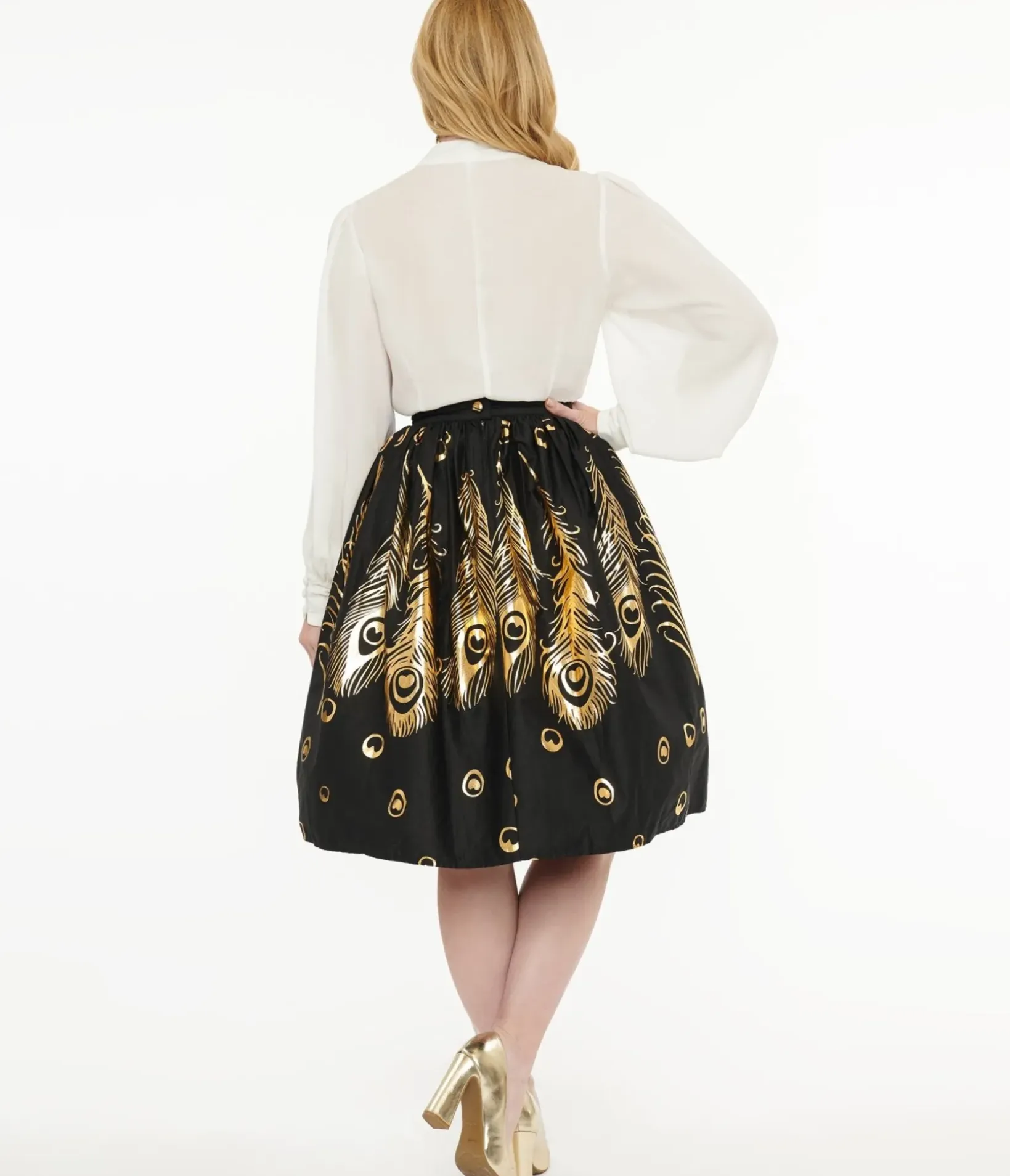 Unique Vintage Skirts>1950s Black & Gold Foil Feather Gellar Swing Skirt