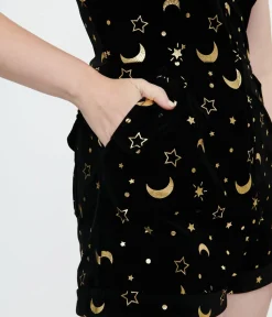 Unique Vintage Rompers & Jumpsuits|All Things Black>1960s Black & Gold Moon Print Mia Romper