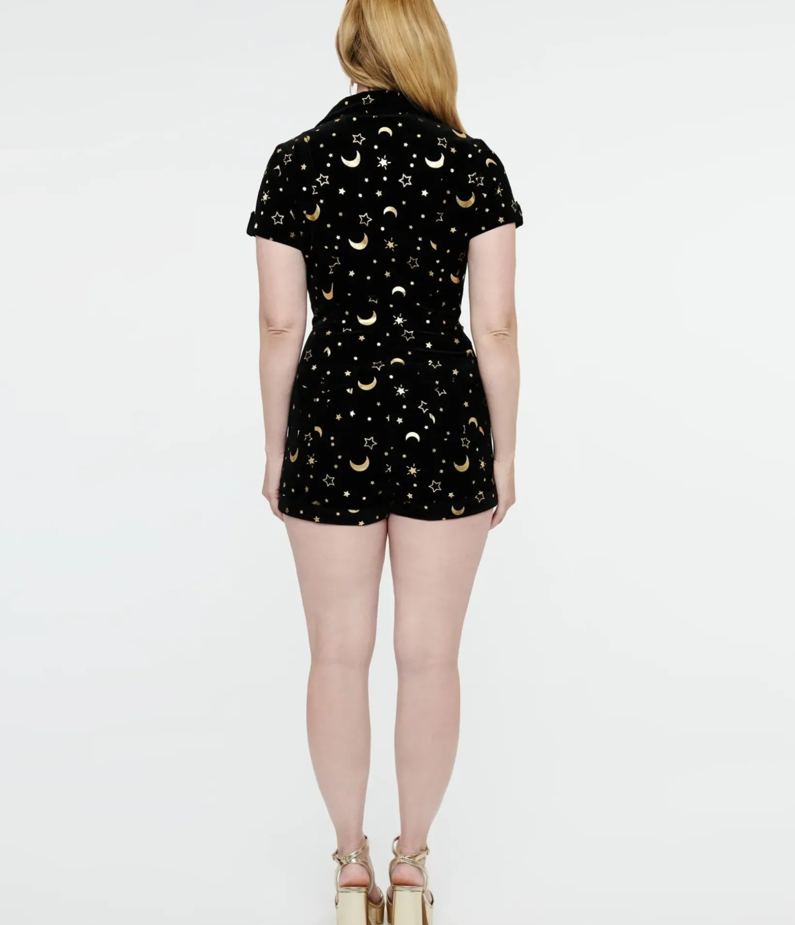 Unique Vintage Rompers & Jumpsuits|All Things Black>1960s Black & Gold Moon Print Mia Romper
