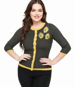 Unique Vintage Sweaters & Cardigans|All Things Black>1950s Black & Gold Peacock Feather Embroidered Bookworm Cardigan