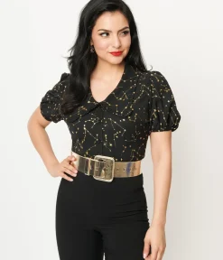 Unique Vintage Blouses|All Things Black>1930s Black & Gold Stars Oversized Collar Blouse