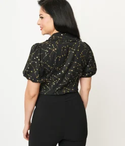 Unique Vintage Blouses|All Things Black>1930s Black & Gold Stars Oversized Collar Blouse
