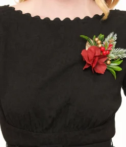 Unique Vintage Swing|Everyday Dresses>1950s Black Holiday Floral Pin Cotton Swing Dress
