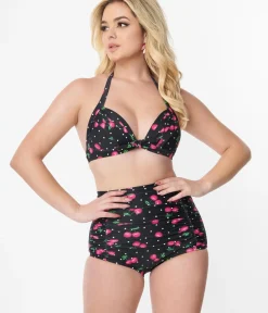 Unique Vintage Swim Bottoms|All Things Pink>1950s Black & Hot Pink Cherry Pin Dot Monroe Swim Bottom