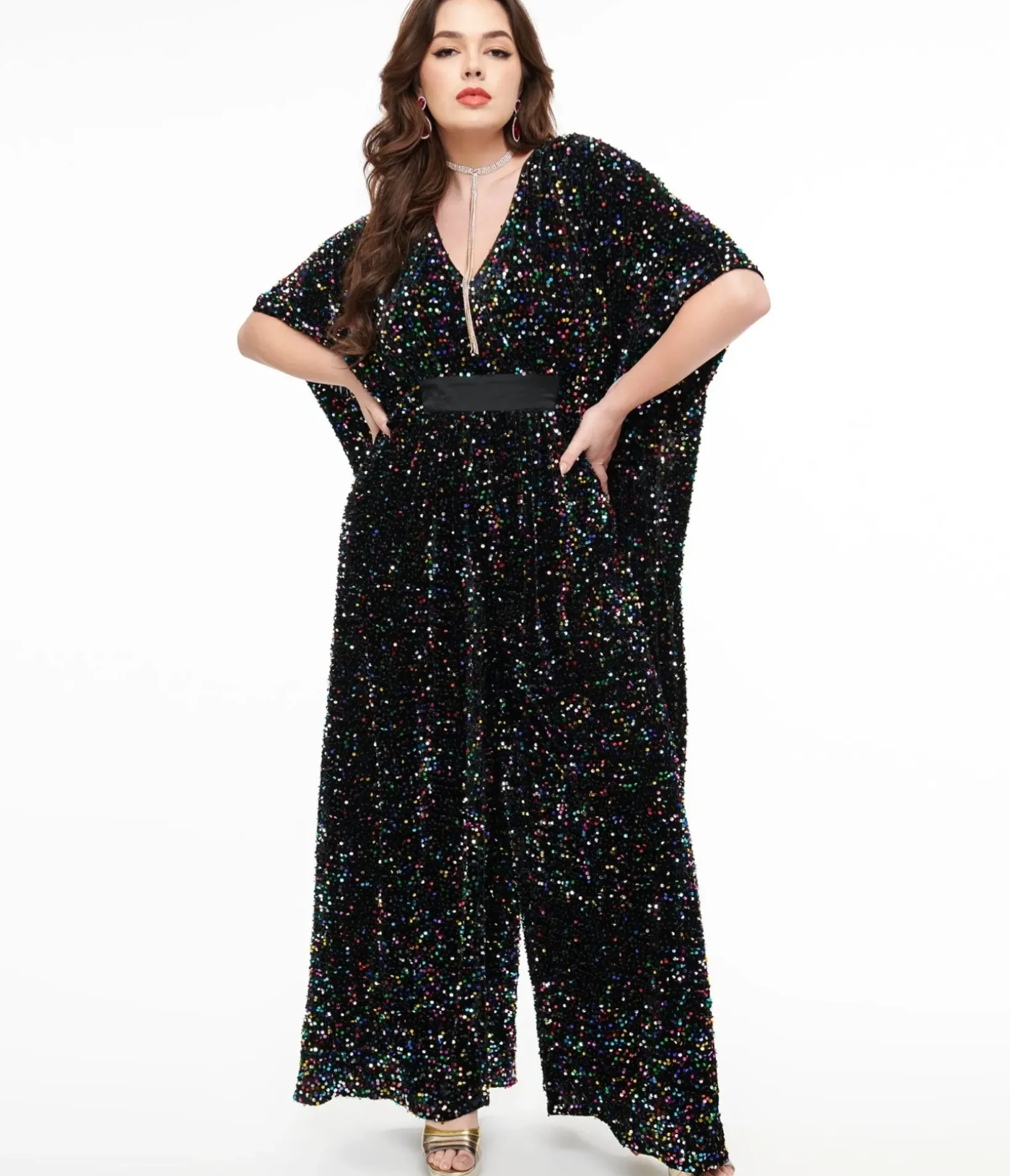 Unique Vintage Caftans|Caftans>1970s Black Iridescent Sequin Caftan Jumpsuit