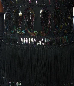 Unique Vintage Everyday Dresses|Special Occasion>1920s Black & Iridescent Sequin Sleeveless Flapper Dress