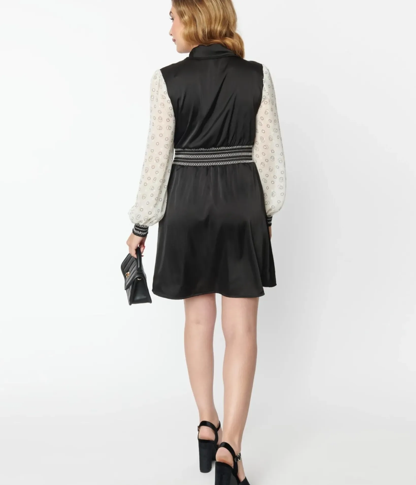 Unique Vintage Everyday Dresses>1970s Black & Ivory Neck Tie Flare Dress