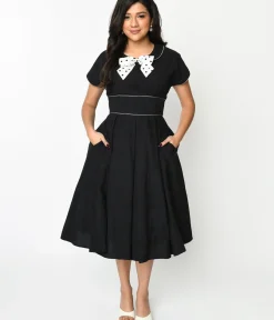 Unique Vintage Swing|Pocket Dresses>1950s Black & Ivory Polka Dot Bow Cotton Swing Dress