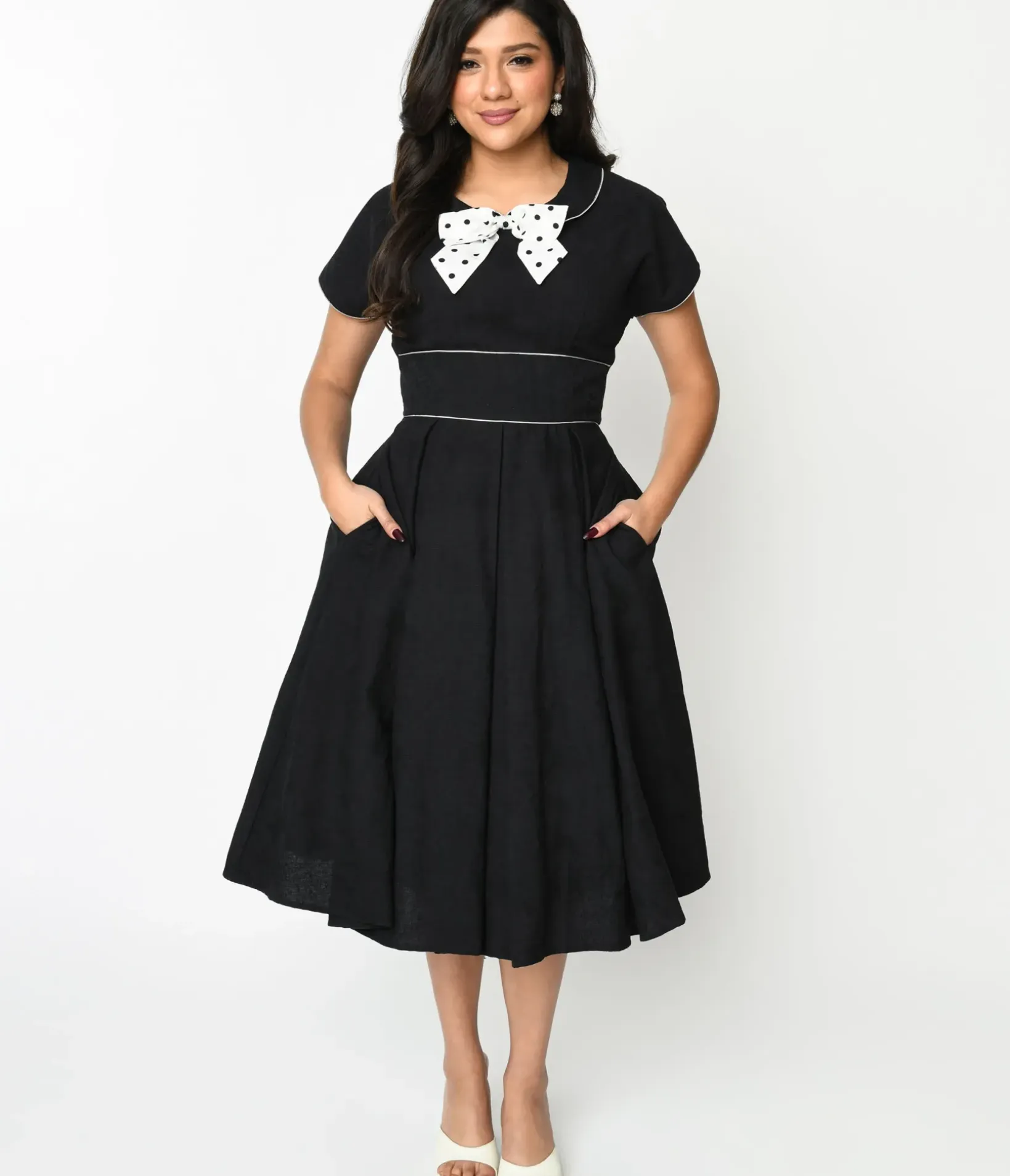 Unique Vintage Swing|Pocket Dresses>1950s Black & Ivory Polka Dot Bow Cotton Swing Dress