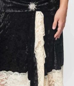 Unique Vintage Everyday Dresses|Special Occasion>1920s Black & Ivory Velvet Lace Flapper Dress