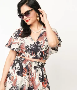 Unique Vintage Blouses|All Things Black>1960s Black Jungle Cat Print Dottie Crop Top