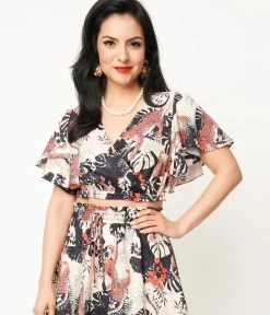 Unique Vintage Blouses|All Things Black>1960s Black Jungle Cat Print Dottie Crop Top