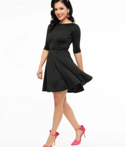 Unique Vintage Fit & Flare|Everyday Dresses>1960s Black Knit Stephanie Fit & Flare Dress