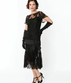 Unique Vintage Everyday Dresses|Special Occasion>1920s Black Lace & Bow Flapper Dress
