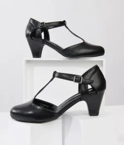 Unique Vintage Special Occasion|Heels>1920s Black Leatherette Closed Toe T-Strap Roxy Pumps