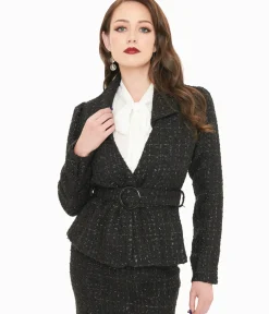 Unique Vintage Coats & Jackets|All Things Black>1940s Black Lurex Tweed Belted Jacket
