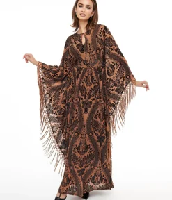 Unique Vintage Caftans|Caftans>1960s Black & Nude Floral Fringe Flutter Sleeve Caftan